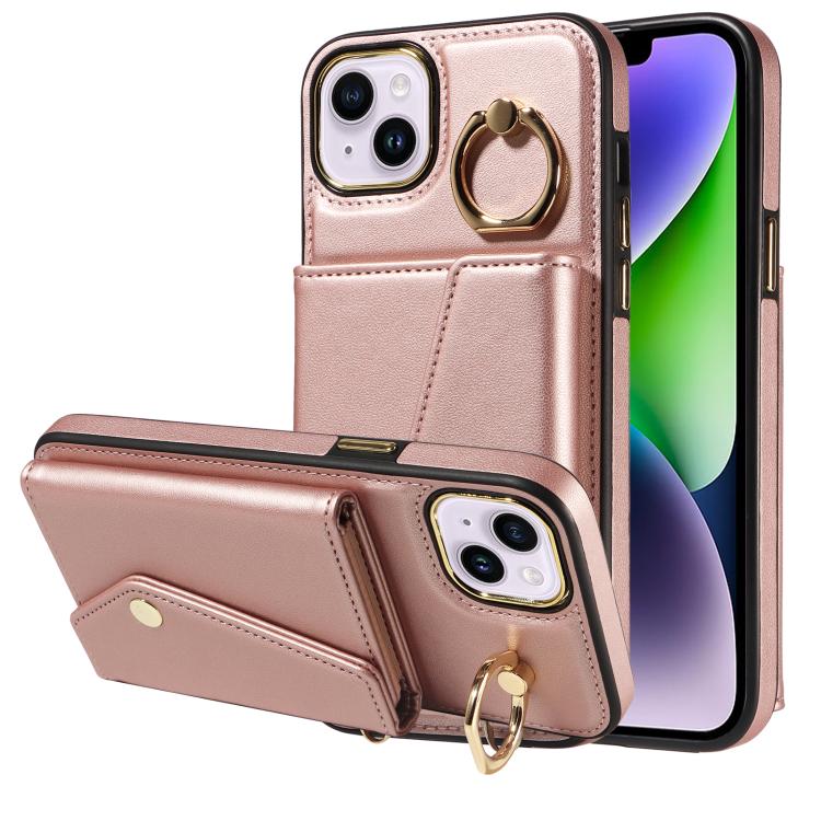 For iPhone 15 Diagonal Crossbody Ring Organ Wallet Leather Back Phone Case(Rose Gold) - iPhone 15 Cases by buy2fix | Online Shopping UK | buy2fix