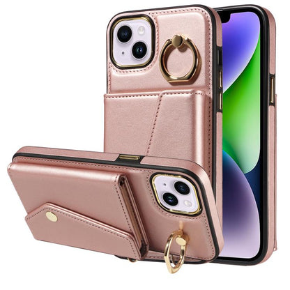 For iPhone 15 Diagonal Crossbody Ring Organ Wallet Leather Back Phone Case(Rose Gold) - iPhone 15 Cases by buy2fix | Online Shopping UK | buy2fix