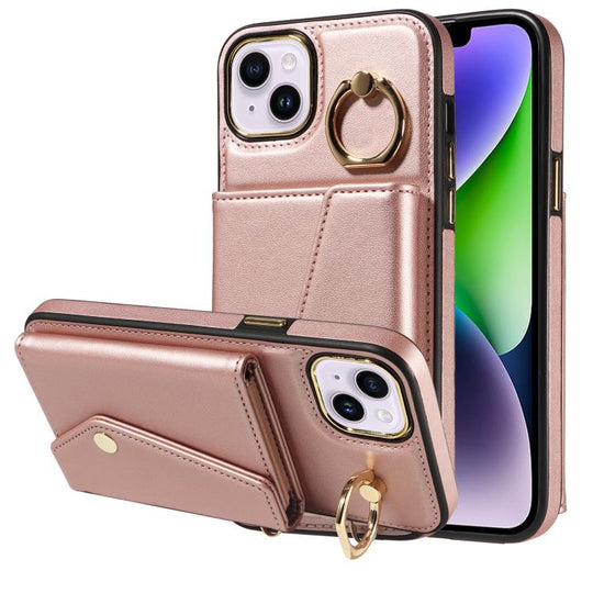 For iPhone 15 Diagonal Crossbody Ring Organ Wallet Leather Back Phone Case(Rose Gold)