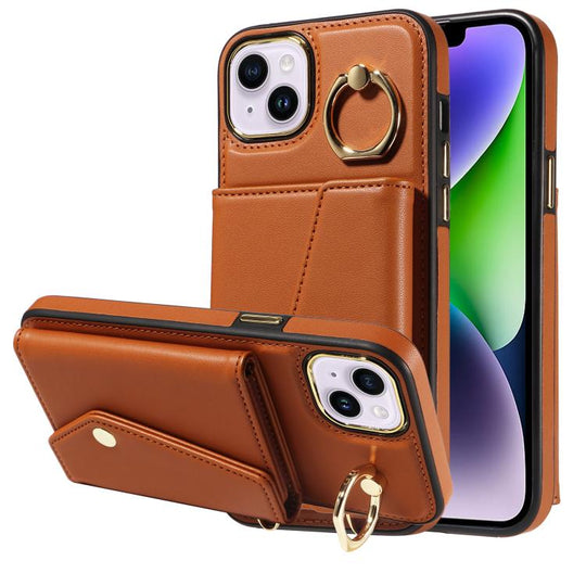 For iPhone 15 Diagonal Crossbody Ring Organ Wallet Leather Back Phone Case(Brown)
