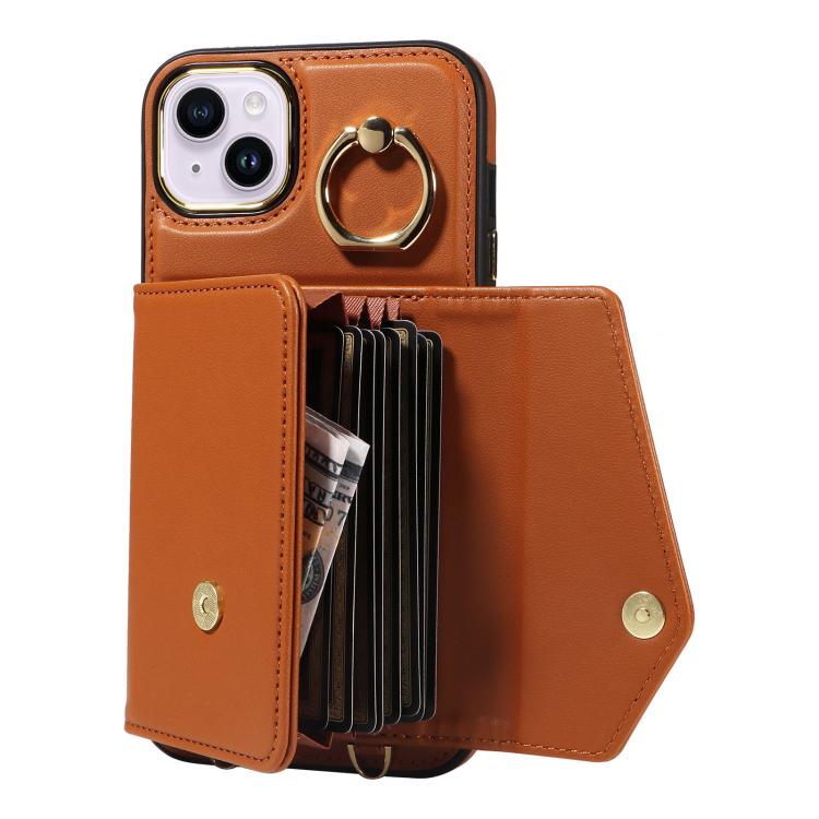 For iPhone 15 Diagonal Crossbody Ring Organ Wallet Leather Back Phone Case(Brown) - iPhone 15 Cases by buy2fix | Online Shopping UK | buy2fix