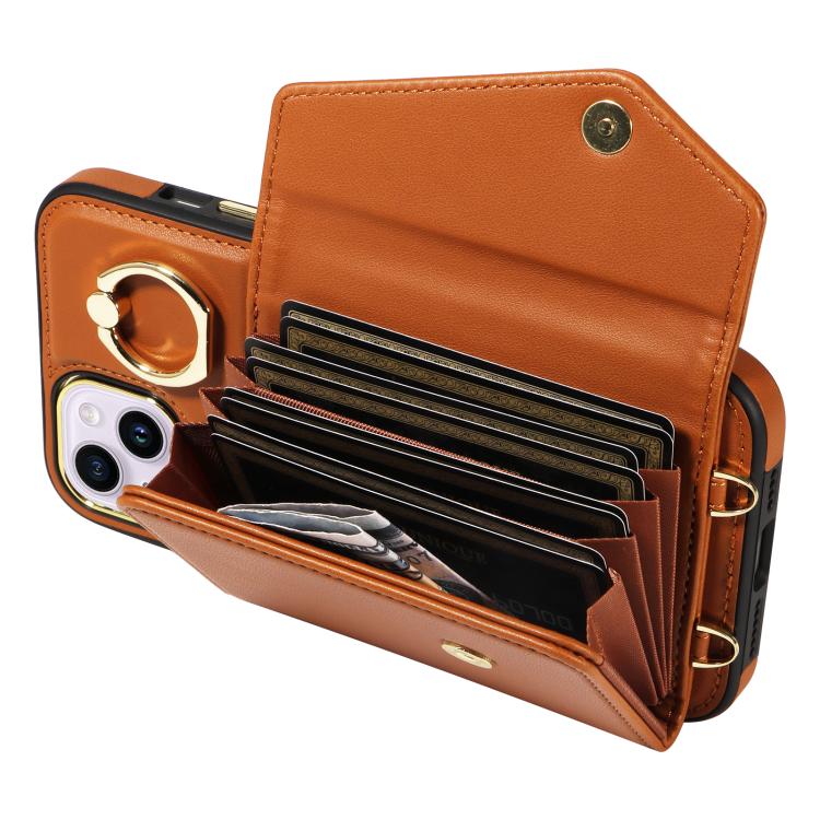 For iPhone 15 Diagonal Crossbody Ring Organ Wallet Leather Back Phone Case(Brown) - iPhone 15 Cases by buy2fix | Online Shopping UK | buy2fix