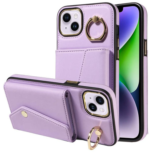 For iPhone 15 Diagonal Crossbody Ring Organ Wallet Leather Back Phone Case(Purple)