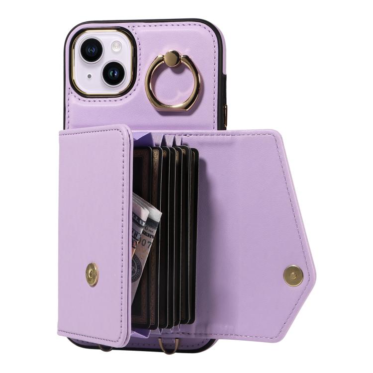 For iPhone 15 Diagonal Crossbody Ring Organ Wallet Leather Back Phone Case(Purple) - iPhone 15 Cases by buy2fix | Online Shopping UK | buy2fix