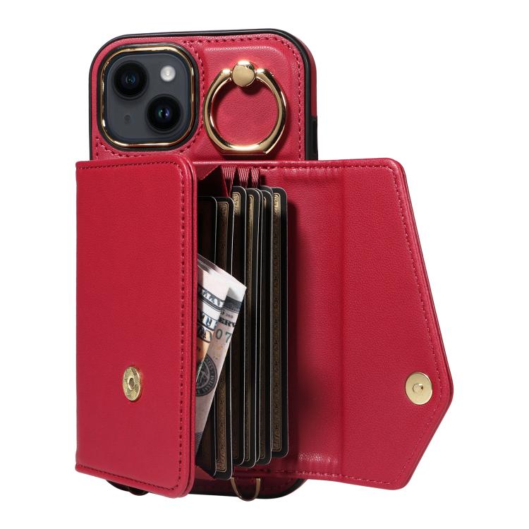 For iPhone 14 Diagonal Crossbody Ring Organ Wallet Leather Back Phone Case(Wine Red) - iPhone 14 Cases by buy2fix | Online Shopping UK | buy2fix