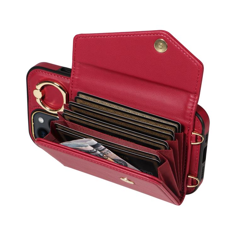 For iPhone 14 Diagonal Crossbody Ring Organ Wallet Leather Back Phone Case(Wine Red) - iPhone 14 Cases by buy2fix | Online Shopping UK | buy2fix