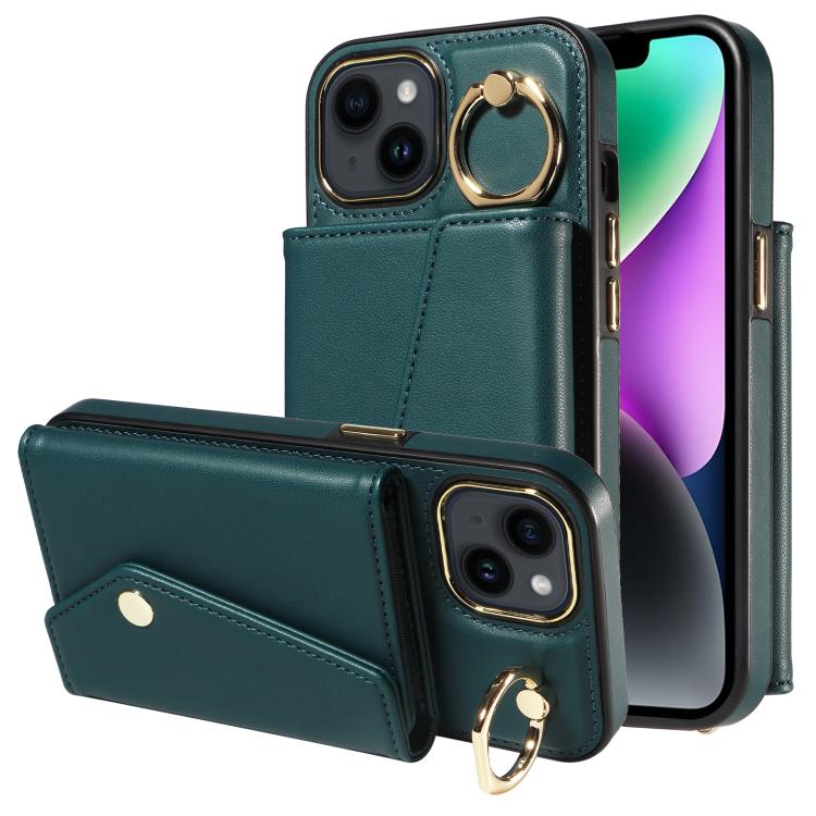 For iPhone 14 Diagonal Crossbody Ring Organ Wallet Leather Back Phone Case(Dark Green) - iPhone 14 Cases by buy2fix | Online Shopping UK | buy2fix