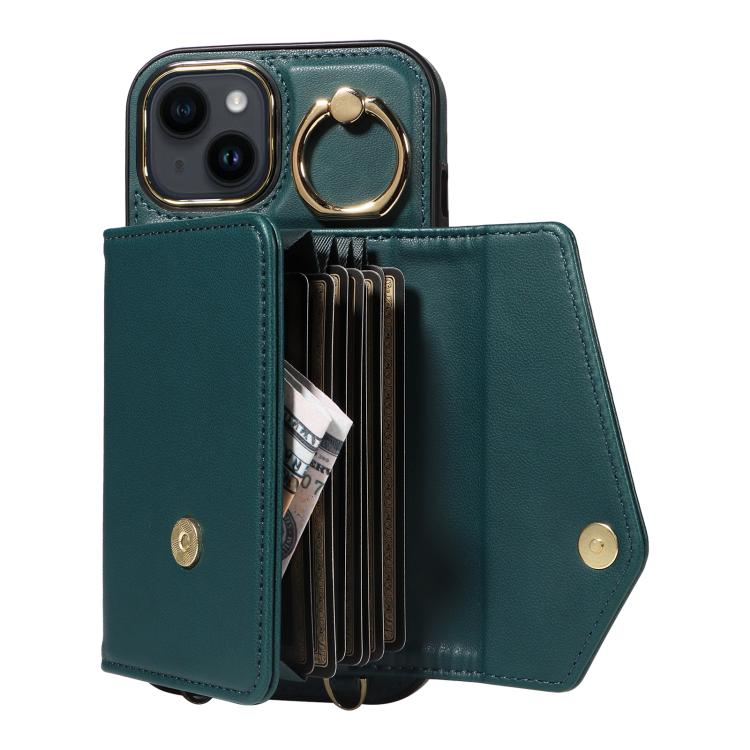 For iPhone 14 Diagonal Crossbody Ring Organ Wallet Leather Back Phone Case(Dark Green) - iPhone 14 Cases by buy2fix | Online Shopping UK | buy2fix