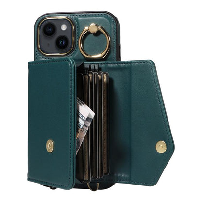 For iPhone 14 Diagonal Crossbody Ring Organ Wallet Leather Back Phone Case(Dark Green) - iPhone 14 Cases by buy2fix | Online Shopping UK | buy2fix