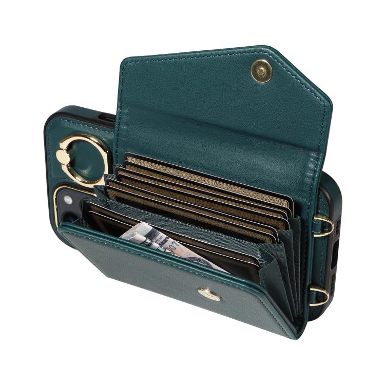 For iPhone 14 Diagonal Crossbody Ring Organ Wallet Leather Back Phone Case(Dark Green) - iPhone 14 Cases by buy2fix | Online Shopping UK | buy2fix