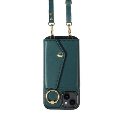 For iPhone 14 Diagonal Crossbody Ring Organ Wallet Leather Back Phone Case(Dark Green) - iPhone 14 Cases by buy2fix | Online Shopping UK | buy2fix