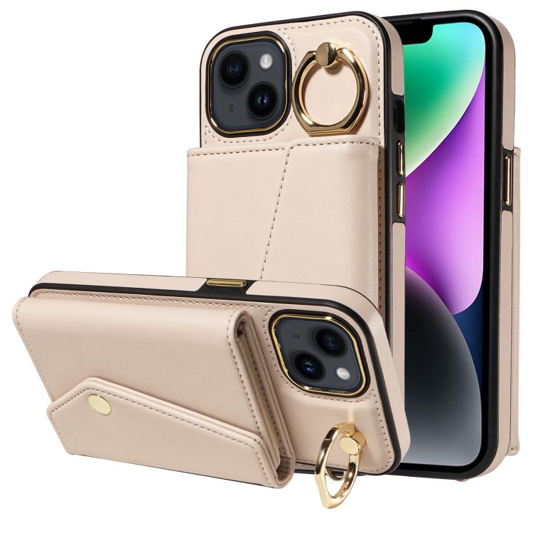 For iPhone 14 Diagonal Crossbody Ring Organ Wallet Leather Back Phone Case(Beige) - iPhone 14 Cases by buy2fix | Online Shopping UK | buy2fix