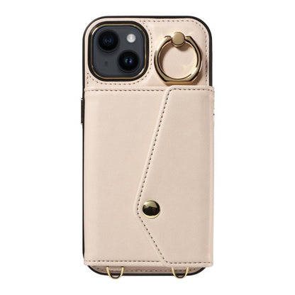 For iPhone 14 Diagonal Crossbody Ring Organ Wallet Leather Back Phone Case(Beige) - iPhone 14 Cases by buy2fix | Online Shopping UK | buy2fix