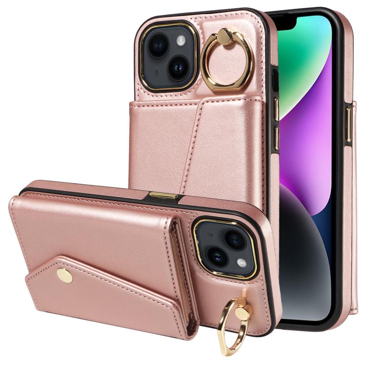 For iPhone 14 Diagonal Crossbody Ring Organ Wallet Leather Back Phone Case(Rose Gold) - iPhone 14 Cases by buy2fix | Online Shopping UK | buy2fix