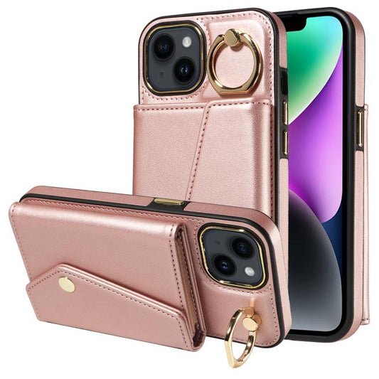 For iPhone 14 Diagonal Crossbody Ring Organ Wallet Leather Back Phone Case(Rose Gold) - iPhone 14 Cases by buy2fix | Online Shopping UK | buy2fix