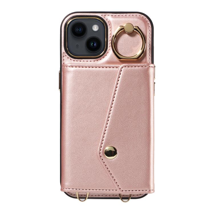 For iPhone 14 Diagonal Crossbody Ring Organ Wallet Leather Back Phone Case(Rose Gold) - iPhone 14 Cases by buy2fix | Online Shopping UK | buy2fix