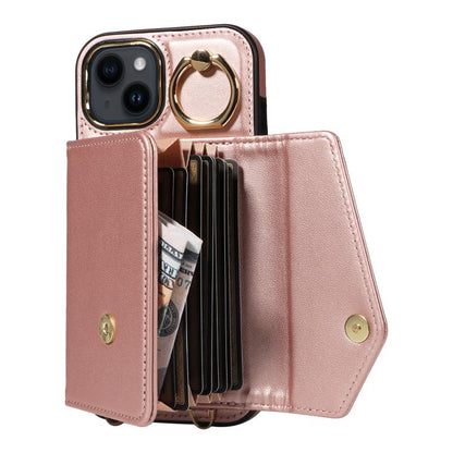 For iPhone 14 Diagonal Crossbody Ring Organ Wallet Leather Back Phone Case(Rose Gold) - iPhone 14 Cases by buy2fix | Online Shopping UK | buy2fix