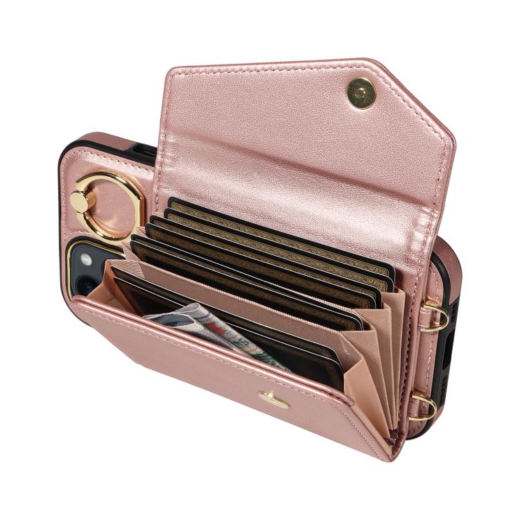 For iPhone 14 Diagonal Crossbody Ring Organ Wallet Leather Back Phone Case(Rose Gold) - iPhone 14 Cases by buy2fix | Online Shopping UK | buy2fix