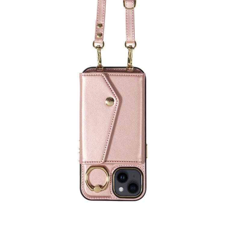 For iPhone 14 Diagonal Crossbody Ring Organ Wallet Leather Back Phone Case(Rose Gold) - iPhone 14 Cases by buy2fix | Online Shopping UK | buy2fix