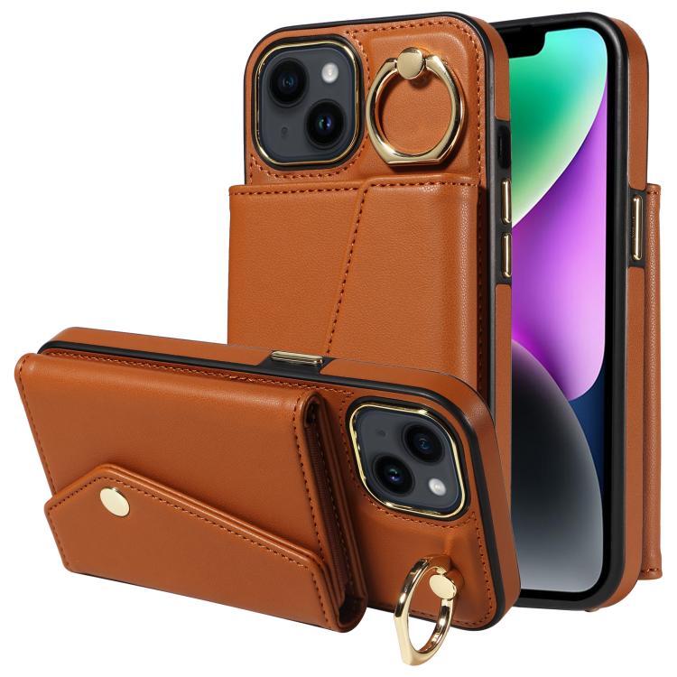 For iPhone 14 Diagonal Crossbody Ring Organ Wallet Leather Back Phone Case(Brown) - iPhone 14 Cases by buy2fix | Online Shopping UK | buy2fix