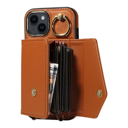 For iPhone 14 Diagonal Crossbody Ring Organ Wallet Leather Back Phone Case(Brown) - iPhone 14 Cases by buy2fix | Online Shopping UK | buy2fix