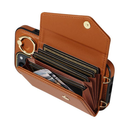 For iPhone 14 Diagonal Crossbody Ring Organ Wallet Leather Back Phone Case(Brown) - iPhone 14 Cases by buy2fix | Online Shopping UK | buy2fix