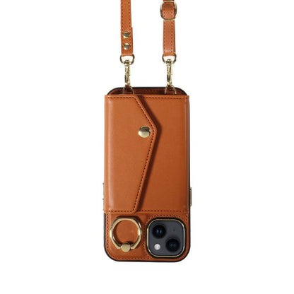 For iPhone 14 Diagonal Crossbody Ring Organ Wallet Leather Back Phone Case(Brown) - iPhone 14 Cases by buy2fix | Online Shopping UK | buy2fix