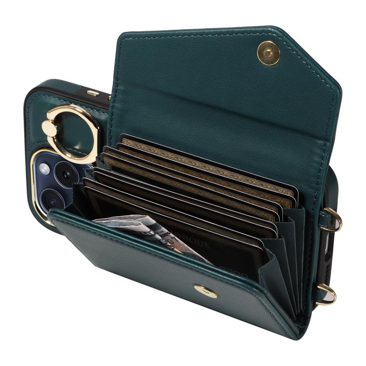 For iPhone 14 Pro Max Diagonal Crossbody Ring Organ Wallet Leather Back Phone Case(Dark Green) - iPhone 14 Pro Max Cases by buy2fix | Online Shopping UK | buy2fix