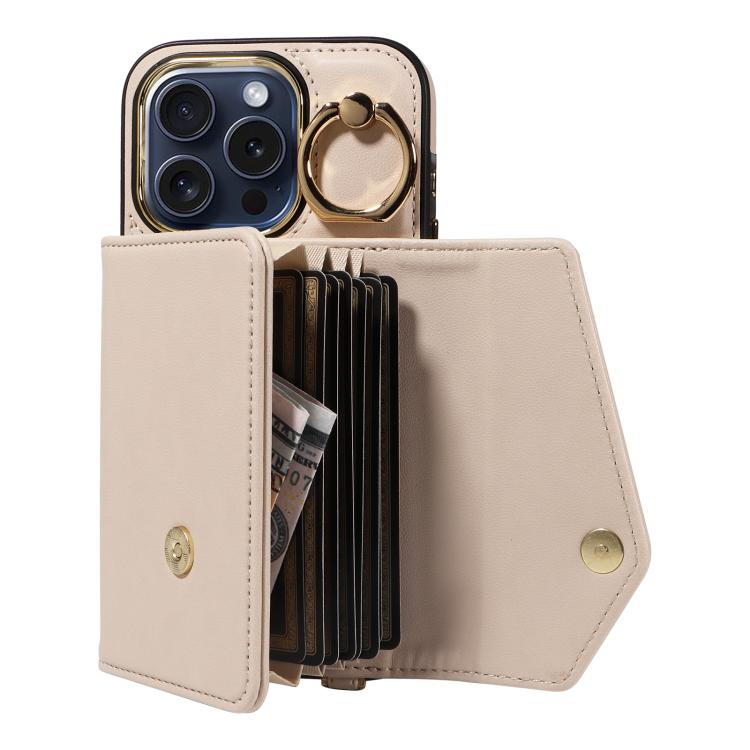 For iPhone 14 Pro Max Diagonal Crossbody Ring Organ Wallet Leather Back Phone Case(Beige) - iPhone 14 Pro Max Cases by buy2fix | Online Shopping UK | buy2fix