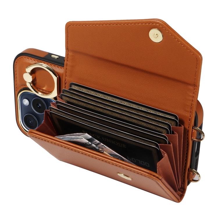 For iPhone 14 Pro Max Diagonal Crossbody Ring Organ Wallet Leather Back Phone Case(Brown) - iPhone 14 Pro Max Cases by buy2fix | Online Shopping UK | buy2fix