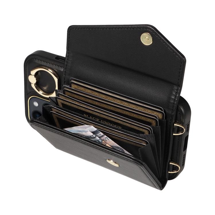 For iPhone 12 Diagonal Crossbody Ring Organ Wallet Leather Back Phone Case(Black) - iPhone 12 / 12 Pro Cases by buy2fix | Online Shopping UK | buy2fix