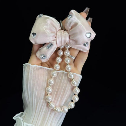 Sparkling Diamond Large Bow Pearl Phone Chain(Argent) - Lanyards & Wrist Straps by buy2fix | Online Shopping UK | buy2fix