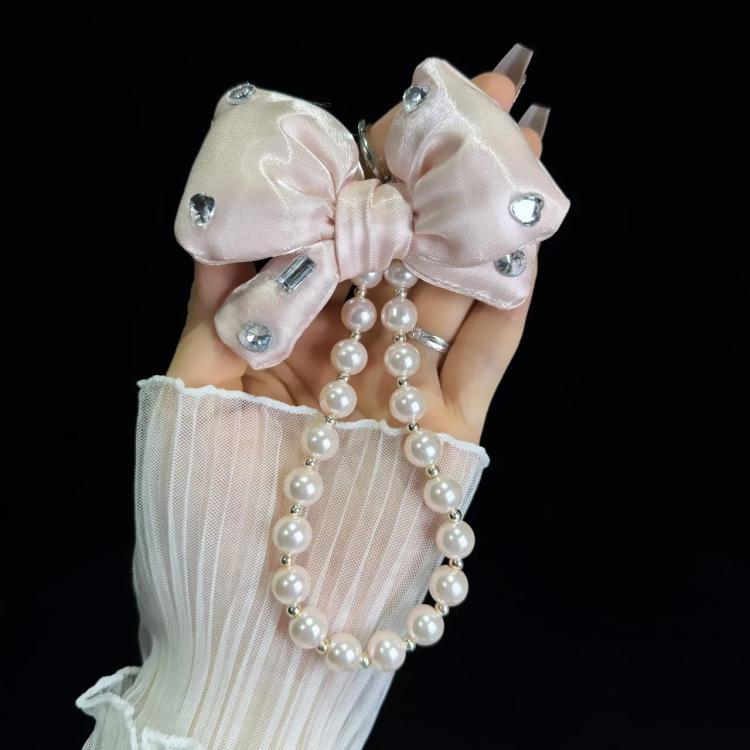 Sparkling Diamond Large Bow Pearl Phone Chain(Pink) - Lanyards & Wrist Straps by buy2fix | Online Shopping UK | buy2fix
