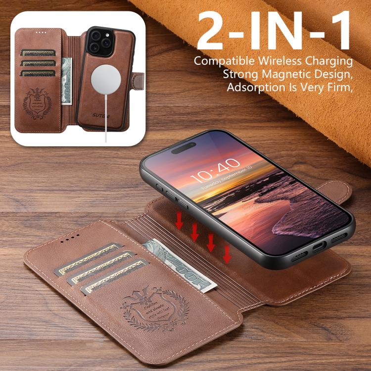 For iPhone 16 Pro Suteni Q05 2-in-1 Multi-function Detachable Wallet MagSafe Phone Case(Brown) - iPhone 16 Pro Cases by Suteni | Online Shopping UK | buy2fix