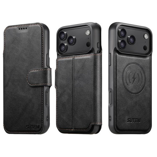 For iPhone 17 Pro Max Suteni Q05 2-in-1 Multi-function Detachable Wallet MagSafe Phone Case(Black)