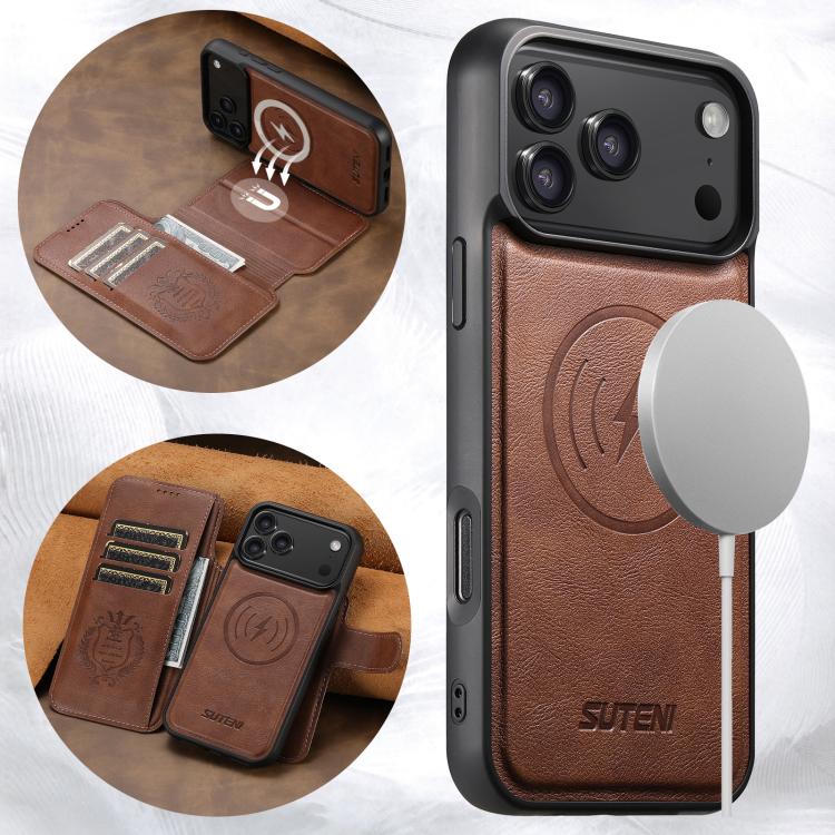 For iPhone 17 Pro Suteni Q05 2-in-1 Multi-function Detachable Wallet MagSafe Phone Case(Brown) - iPhone 17 Pro Cases by Suteni | Online Shopping UK | buy2fix