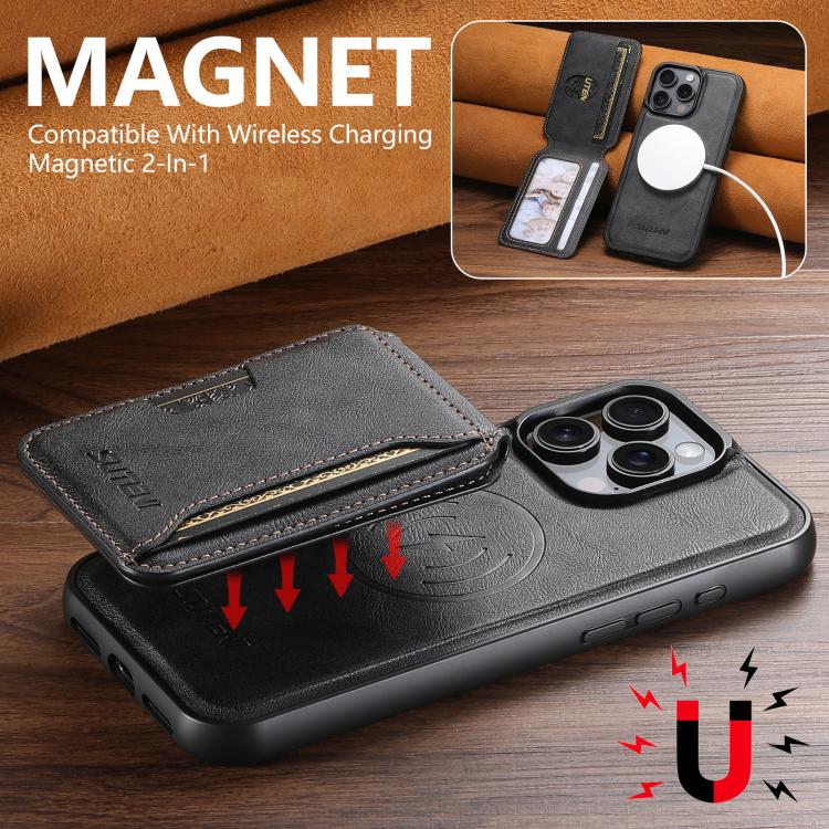 For iPhone 16 Pro Suteni M3 Card Bag MagSafe Cowhide Texture Leather Phone Case(Black) - iPhone 16 Pro Cases by Suteni | Online Shopping UK | buy2fix