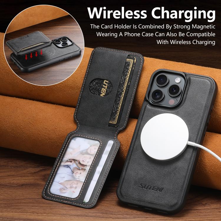 For iPhone 16 Pro Suteni M3 Card Bag MagSafe Cowhide Texture Leather Phone Case(Black) - iPhone 16 Pro Cases by Suteni | Online Shopping UK | buy2fix