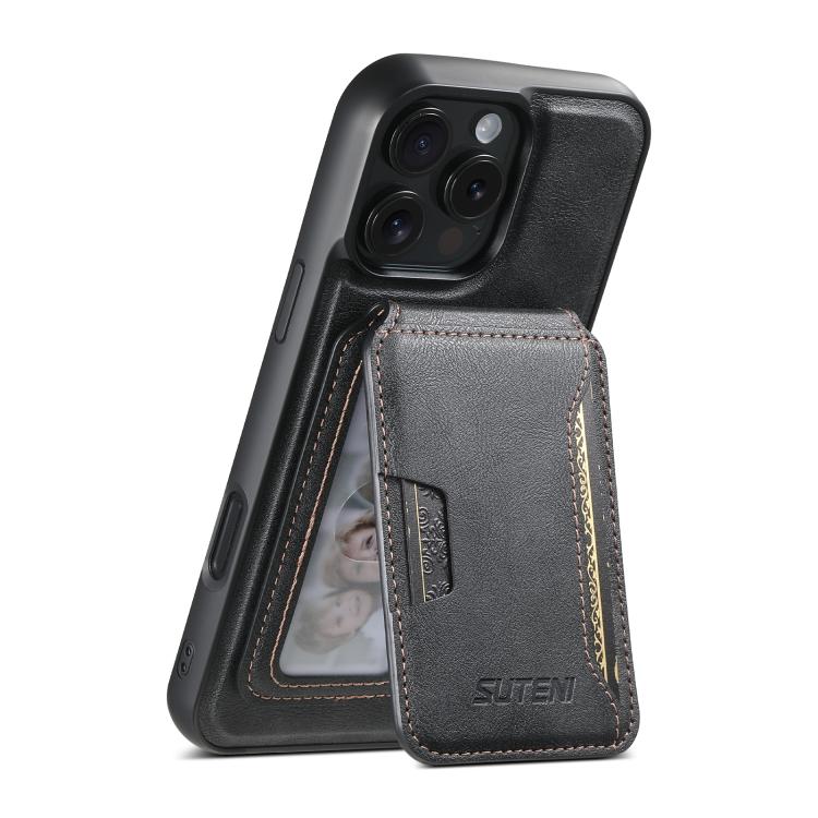 For iPhone 16 Pro Suteni M3 Card Bag MagSafe Cowhide Texture Leather Phone Case(Black) - iPhone 16 Pro Cases by Suteni | Online Shopping UK | buy2fix