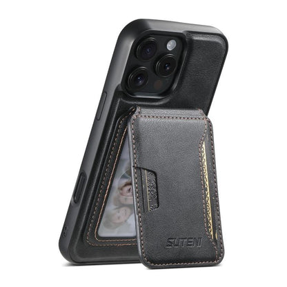 For iPhone 16 Pro Suteni M3 Card Bag MagSafe Cowhide Texture Leather Phone Case(Black) - iPhone 16 Pro Cases by Suteni | Online Shopping UK | buy2fix