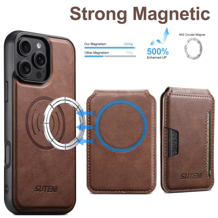 For iPhone 16 Pro Suteni M3 Card Bag MagSafe Cowhide Texture Leather Phone Case(Brown) - iPhone 16 Pro Cases by Suteni | Online Shopping UK | buy2fix