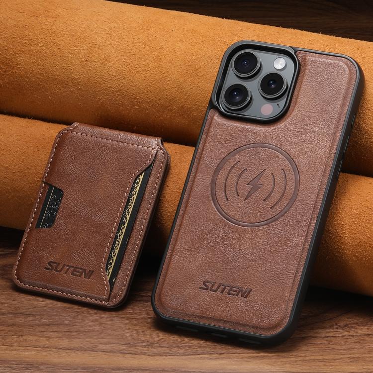 For iPhone 16 Pro Suteni M3 Card Bag MagSafe Cowhide Texture Leather Phone Case(Brown) - iPhone 16 Pro Cases by Suteni | Online Shopping UK | buy2fix