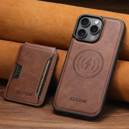 For iPhone 16 Pro Suteni M3 Card Bag MagSafe Cowhide Texture Leather Phone Case(Brown) - iPhone 16 Pro Cases by Suteni | Online Shopping UK | buy2fix