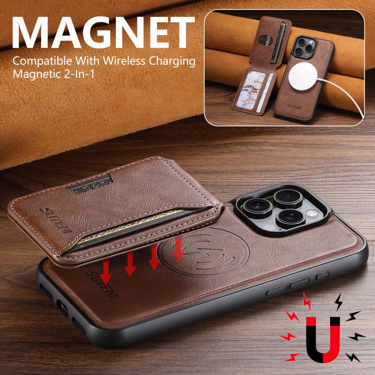 For iPhone 16 Pro Suteni M3 Card Bag MagSafe Cowhide Texture Leather Phone Case(Brown) - iPhone 16 Pro Cases by Suteni | Online Shopping UK | buy2fix