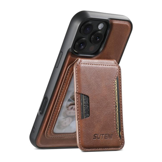 For iPhone 16 Pro Suteni M3 Card Bag MagSafe Cowhide Texture Leather Phone Case(Brown) - iPhone 16 Pro Cases by Suteni | Online Shopping UK | buy2fix