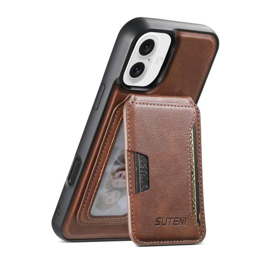 For iPhone 16 Plus Suteni M3 Card Bag MagSafe Cowhide Texture Leather Phone Case(Brown) - iPhone 16 Plus Cases by Suteni | Online Shopping UK | buy2fix