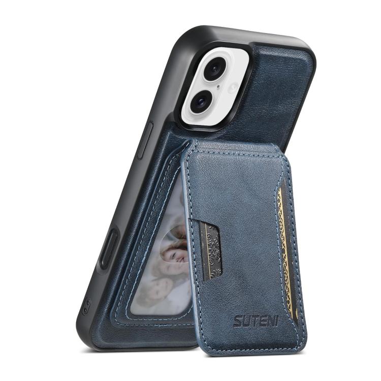 For iPhone 16 Plus Suteni M3 Card Bag MagSafe Cowhide Texture Leather Phone Case(Blue) - iPhone 16 Plus Cases by Suteni | Online Shopping UK | buy2fix