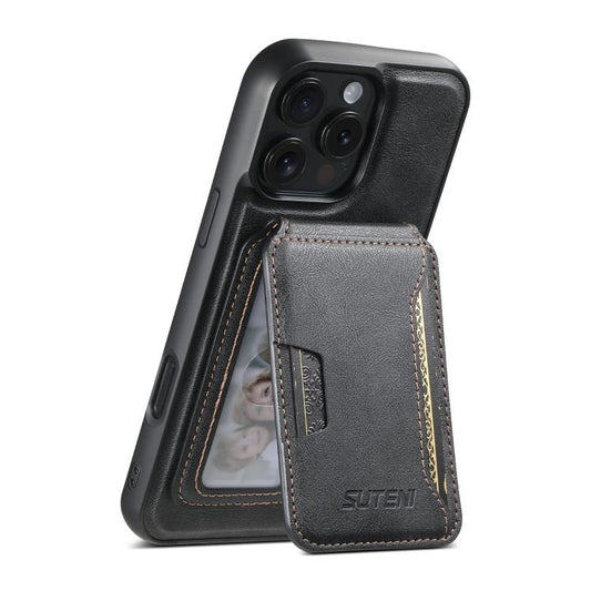 For iPhone 15 Pro Suteni M3 Card Bag MagSafe Cowhide Texture Leather Phone Case(Black) - iPhone 15 Pro Cases by Suteni | Online Shopping UK | buy2fix