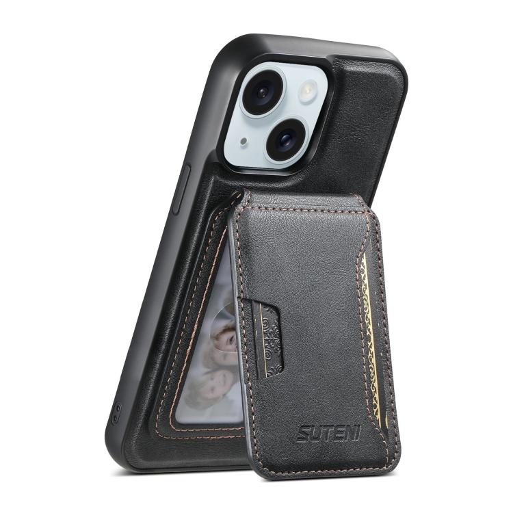 For iPhone 15 Suteni M3 Card Bag MagSafe Cowhide Texture Leather Phone Case(Black) - iPhone 15 Cases by Suteni | Online Shopping UK | buy2fix