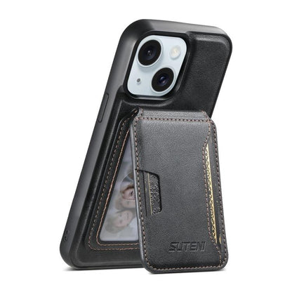 For iPhone 15 Suteni M3 Card Bag MagSafe Cowhide Texture Leather Phone Case(Black) - iPhone 15 Cases by Suteni | Online Shopping UK | buy2fix